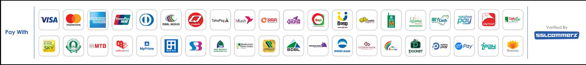 Supported payment methods via SSLCOMMERZ